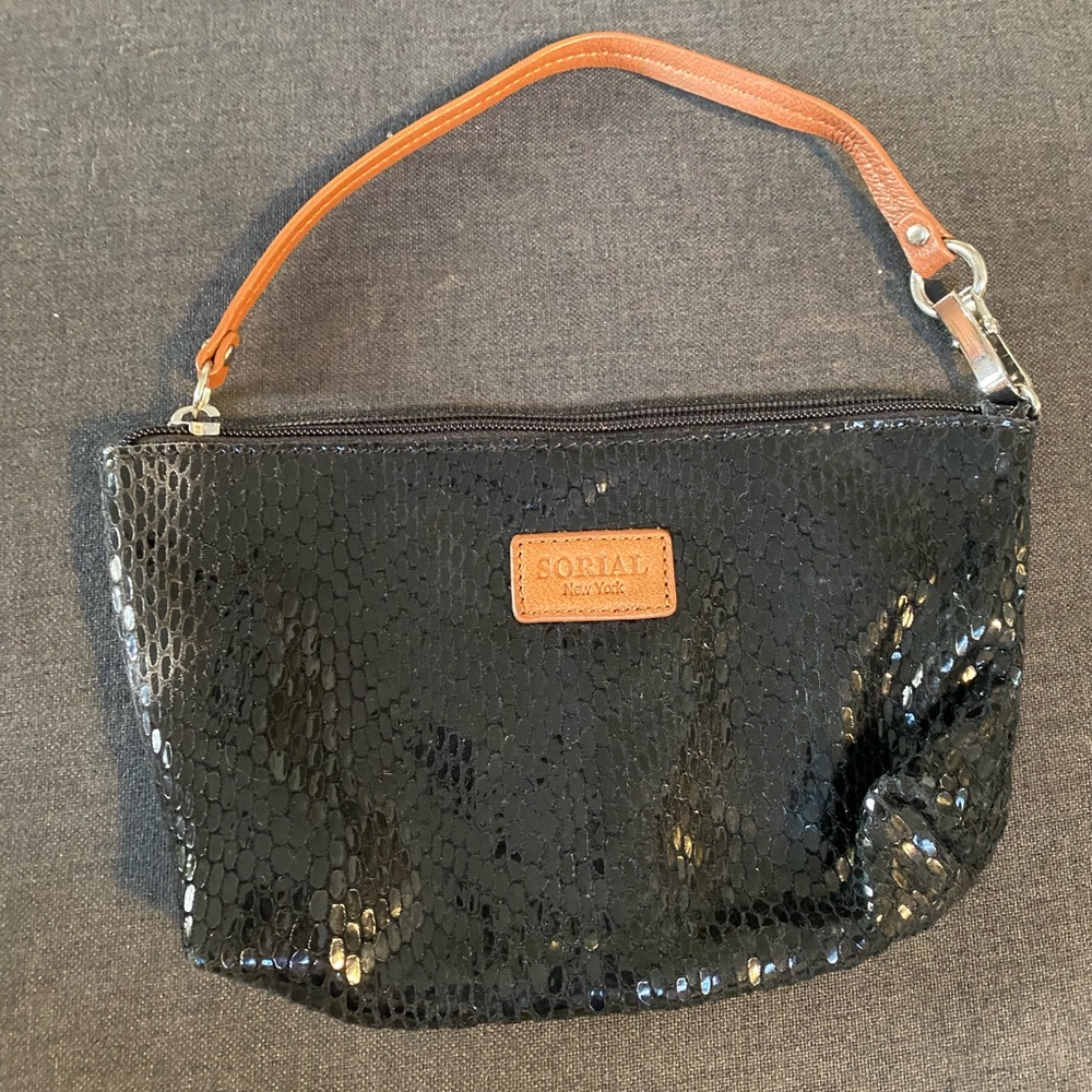 SORIAL Rubina Black Snakeskin Embossed Wristlet Small Handbag 6”